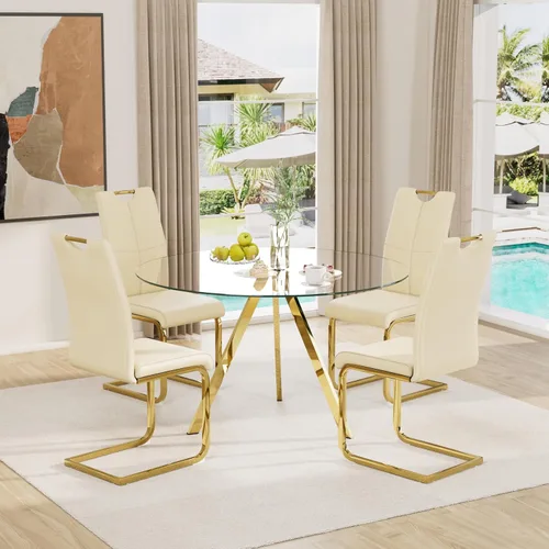 Vista 8 de Juego de sillas de comedor modernas (2 unidades) de piel sintética PU con respaldo alto tapizadas con patas doradas de metal para cocina y comedor