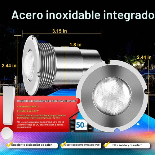 Vista 4 de Luces de piscina para piscina enterrada, luz LED de 1.5 pulgadas, luz de piscina y spa, IP68 impermeable, sin nicheles, AC12V, cable de 50 pies