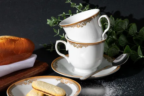 Vista 5 de Juego de té de porcelana, 12 piezas, elegante diseño floral blanco con borde dorado – Platillos de 5.5 pulgadas, tazas de 6.5 onzas – para fiestas