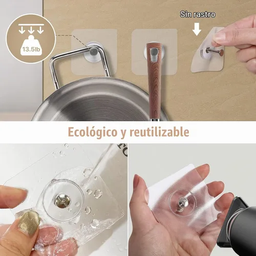 Vista 4 de Ganchos de pared adhesivos reutilizables de 13.5 libras (máx.) transparentes, impermeables y resistentes al aceite para baño y cocina, resistentes