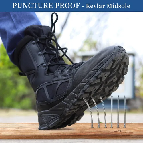 Vista 4 de Botas de trabajo tácticas militares para hombre, ligeras, con cremallera lateral, botas de combate del ejército, para senderismo