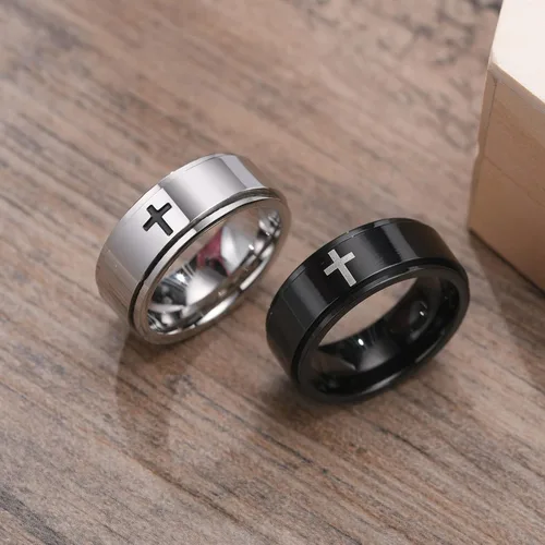 Vista 7 de Ropartman Anillo giratorio de acero inoxidable para hombres, anillos plateados y negros para la ansiedad, anillo de cruz de oración para aliviar