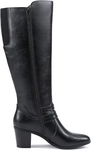 Vista 2 de EETTARO Botas de tacón medio para mujer, hasta la rodilla, botas de invierno con hebilla elástica