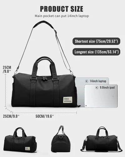 Vista 3 de Bolsa de viaje de cuero con bolsa para zapatos, bolsa de deporte de gimnasio, bolsa impermeable para fines de semana para hombres y mujeres, Negro