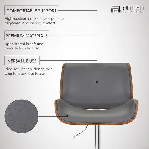 Vista 12 de Armen Living London Taburete de bar moderno giratorio de altura ajustable de piel sintética gris y madera de nogal con base cromada para encimera