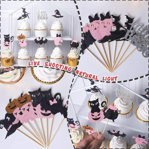 Vista 7 de Paquete de 24 adornos para cupcakes de Halloween con purpurina rosa, fantasma, pequeño abucheo, murciélago, bruja, gato, calabaza, magdalena