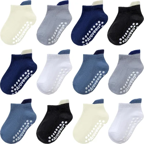 Vista 44 de Calcetines antideslizantes con agarre para tobillos, paquete de 12 unidades para niños pequeños, niños y niñas, lindos calcetines de algodón
