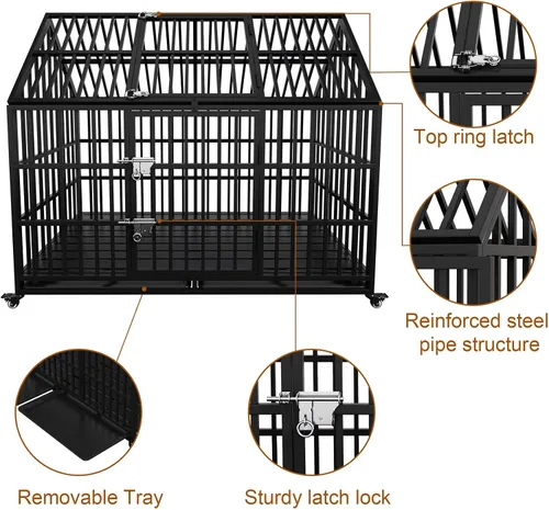 Vista 3 de Jaula para perros resistente de 43 pulgadas, perrera de metal para perros grandes, jaula grande para perros con 2 puertas, 4 ruedas con cerradura