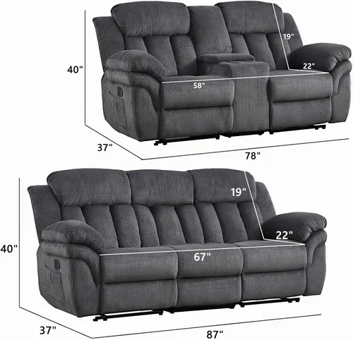 Vista 2 de CANMOV Juego de sofá reclinable, sofá biplaza reclinable manual y sofá de 3 plazas con reposabrazos sobrerelleno para sala de estar, muebles de Gris