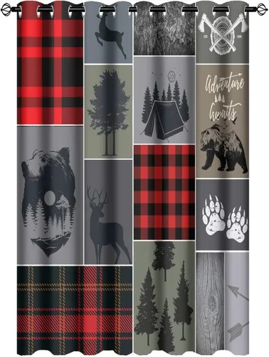 Vista 11 de Cortinas opacas rústicas de cabaña con osos y ciervos - Juego de cortinas de ventana con ojales de temática de granja abstracta, caza, animal