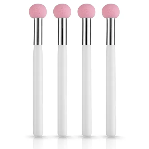 Vista 8 de Sibba Juego de 4 brochas de base de maquillaje con mango rosa y blanco para polvo, rubor, contorno y corrector, incluye esponja, pinceles de mezcla