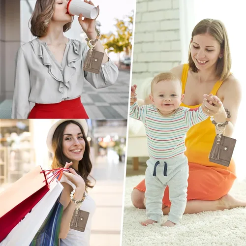 Vista 5 de Cartera llavero pulsera para mujer, delgado RFID tarjeta de crédito, monedero, borla llavero brazalete para hombres y mujeres, Arcilla, Classic