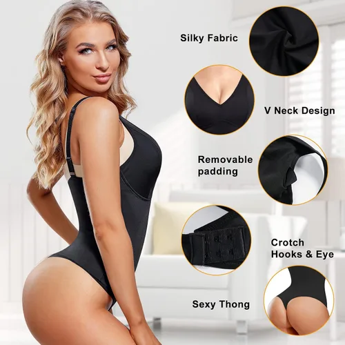Vista 3 de REDPAI Body moldeador de tanga con brasier integrado para mujer, control de abdomen, moldeador de cuerpo completo, cuello en V, faja colombiana
