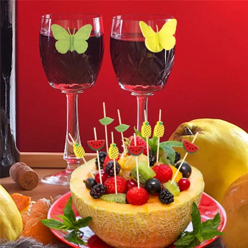 Vista 6 de Minisland Palillos de cóctel de hojas de piña de sandía mixtos, palillos de bambú de 4.7 pulgadas de largo para aperitivos, comida hawaiana