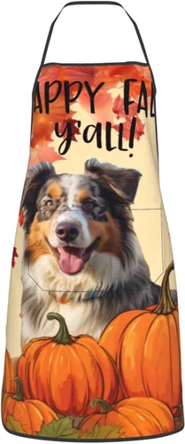 Vista 2 de nopicsn Happy Fall Y'all - Delantal de pastor australiano de arce con diseño de pumkin My Love Dog para cocinar con bolsillos, delantales divertidos
