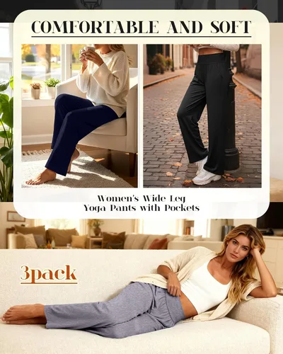 Vista 89 de Neer - Conjunto de 3 pantalones de yoga de pierna ancha para mujer - Pantalones deportivos cómodos, holgados, de cintura alta y casuales