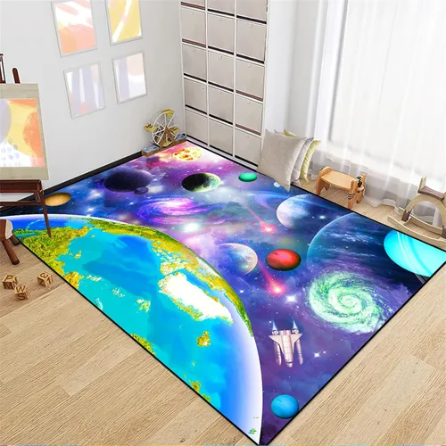 Vista 3 de Alfombra espacial para habitación de niños, alfombra de galaxia para niños, alfombras espaciales para dormitorio de niños, decoración