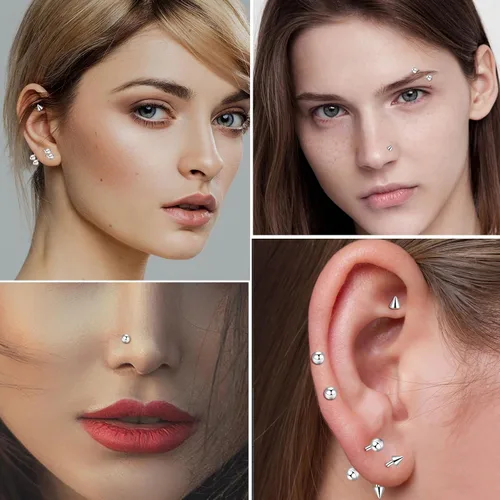 Vista 6 de Juego de 25/33 piercings de acero inoxidable para nariz, lengua, cartílago, ceja, ombligo, ombligo, cartílago, cejas, ombligo, 25/33 unidades, 18/33