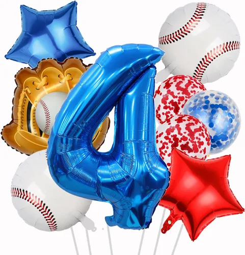 Vista 18 de Globos de béisbol de papel de aluminio para decoración de cumpleaños, globos con el número 2, globos de confeti de estrella roja y azul