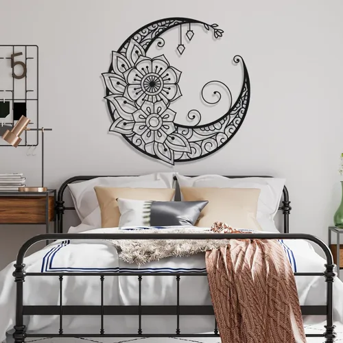 Vista 3 de Cadeali Arte de pared de metal bohemio, mandala de fase lunar, negro (18 x 18 pulgadas)