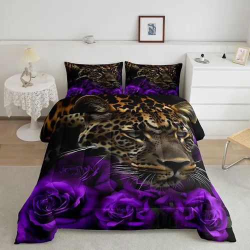 Vista 19 de Erosebridal Juego de ropa de cama de guepardo con rosa azul, juego de edredón con estampado de leopardo y gato, edredón romántico de plumón
