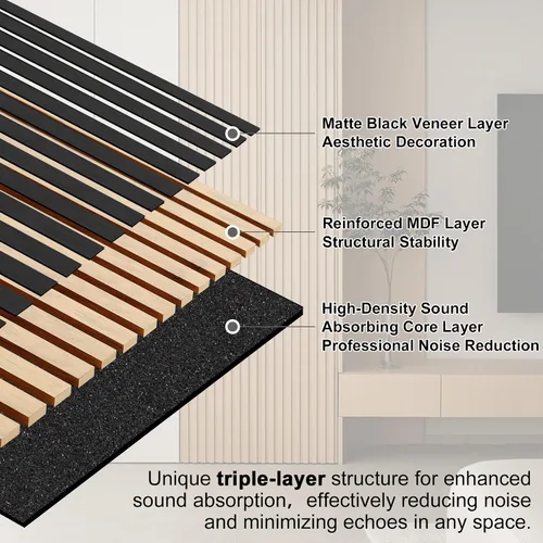 Vista 3 de QDYMXUN Paneles Acústicos de Pared de Listones de Madera, Paquete de 4 de 94.5'' x 7.9'' Panelería Acanalada 3D Absorbente de Sonido para Decoración