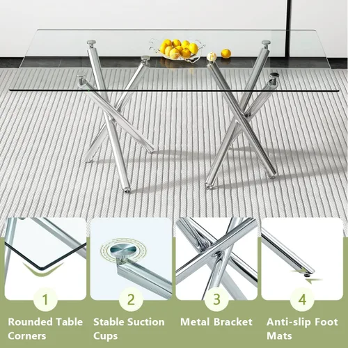 Vista 4 de Juego de mesa de comedor de cristal para 6, 71 pulgadas juego de mesa de comedor moderno para 6 7 Piece Dining Table Set, 6 White Dining Chairs