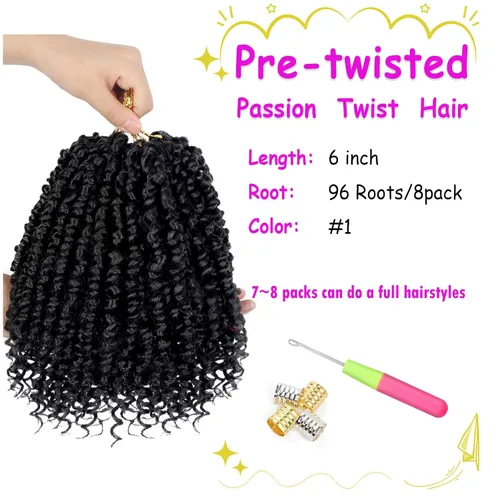 Vista 3 de Bileaf Paquete de 8 de cabello de ganchillo trenzado de pasión de 6 pulgadas para mujeres, pelo corto de ganchillo trenzado de pasión pretrenzado