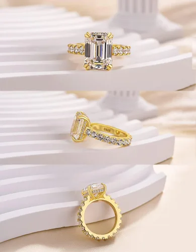 Vista 3 de Anillo de compromiso de 3 piedras de corte radiante de 5 quilates para mujer, anillo de diamantes de imitación, anillo de promesa de plata esterlina