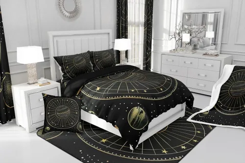 Vista 6 de Funda de edredón del espacio exterior, juego de ropa de cama bohemio para niños, funda de edredón de constelación de planeta para decoración de Negro