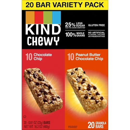 Vista 4 de Barritas de granola masticables KIND, paquete de variedad, chocolate chip y mantequilla de maní con chispas de chocolate, sin gluten, 100 calorías