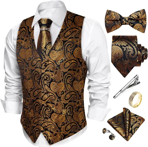 Vista 19 de DiBanGu Conjunto de chaleco de corbata y corbatín para hombre, chaleco de Negro