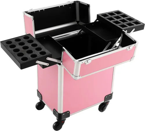 Vista 9 de YIYIBYUS Estuche de tren de maquillaje rodante, carrito profesional grande para cosméticos con cuatro bandejas deslizantes y ruedas universales