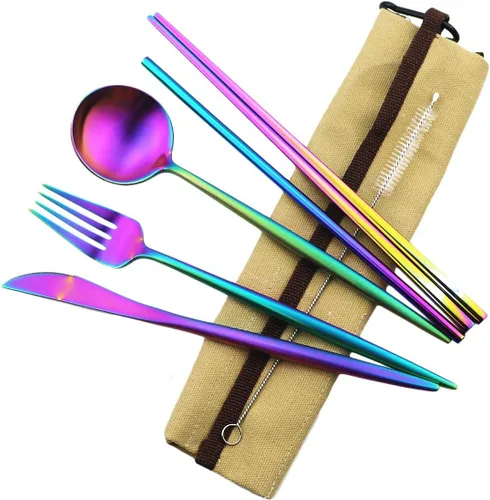 Vista 13 de Utensilios de viaje reutilizables, 7 piezas portátiles de acero inoxidable 304, incluyendo cuchillo, tenedor, cuchara, palillos, cepillo