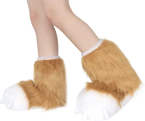 Vista 2 de Pantuflas peludas con patas de oso, gato, lobo, zorro, animales, botas peludas, accesorios de disfraz para adultos, Halloween, cosplay
