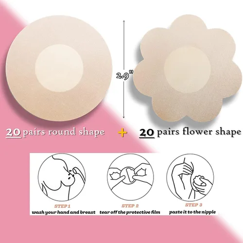 Vista 4 de YISIBIA - 40 pares de fundas para pezones para mujer, desechables, invisibles y naturales, de satén, pétalos, pasteles de pecho