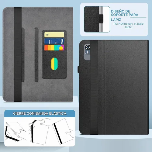 Vista 6 de DETUOSI Funda universal para tableta Android de 10.1 pulgadas, cubierta protectora de cuero, visión de 2 ángulos, con 3 ranuras para tarjetas, funda