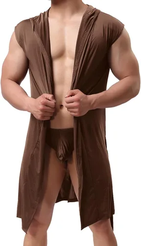 Vista 12 de Bata de satén para hombre, sexy, de seda, con capucha, cómoda pijama, ligera, kimono, ropa de dormir, spa, ropa de descanso, camisón