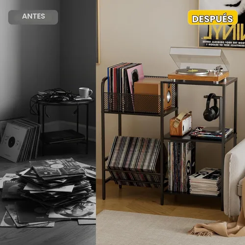 Vista 7 de Soporte para tocadiscos con luz LED, soporte para tocadiscos con almacenamiento de vinilo para más de 300 álbumes, gabinete multimedia de 3 niveles