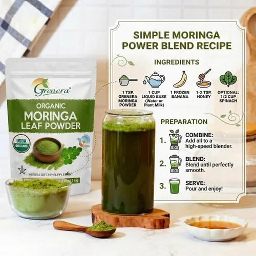 Vista 3 de Grenera Moringa en polvo orgánico Hoja de Moringa Oleifera Ingrediente a base de plantas Probado en laboratorio para calidad Mezcla fácil
