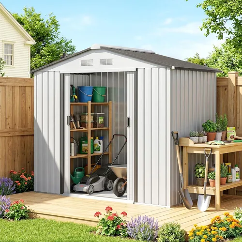 Vista 21 de Outsunny Cobertizo de almacenamiento exterior de 11' x 13', cobertizo de metal para herramientas de jardín con kit de cimentación, puerta con doble