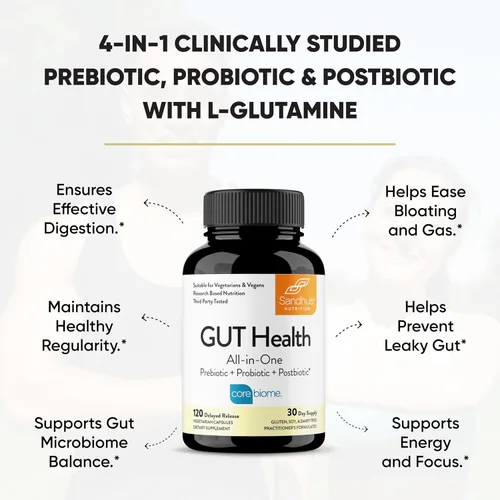 Vista 2 de Sandhu's Salud intestinal - Prebióticos, probióticos, postbióticos y L-glutamina Salud digestiva, colon, suplementos probióticos totales 120