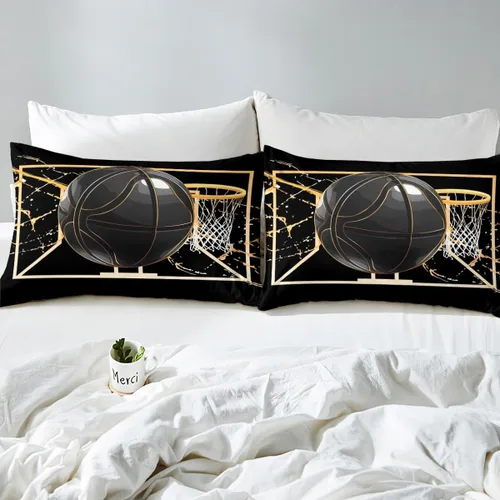 Vista 5 de Erosebridal Juego de ropa de cama de baloncesto tamaño individual, funda de edredón dorada para cancha de baloncesto plateada, funda de edredón