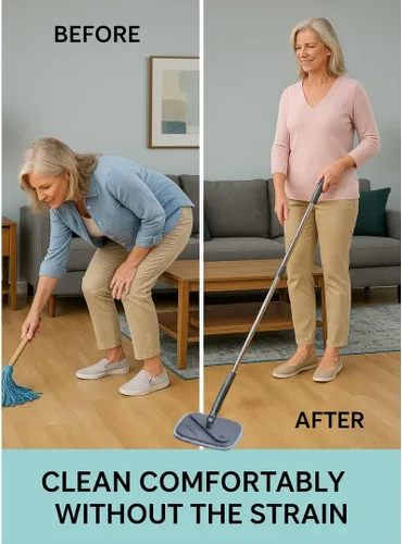 Vista 6 de TRUE & TIDY Sistema de trapeador giratorio cuadrado y cubeta – Doble cámara para agua limpia y sucia, trapeador giratorio de 360° con autoescurrido