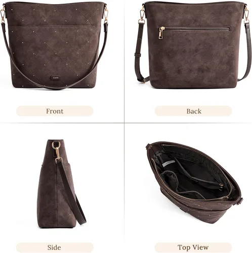 Vista 7 de S-ZONE Monederos de gamuza sintética para mujer, bolso tipo cubo, bolsa Café
