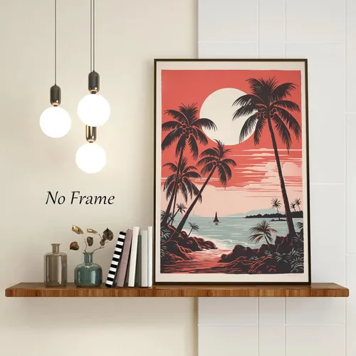 Vista 4 de Arte de pared vintage de paisaje marino retro, póster de playa con imagen de palmera, lienzo de árbol tropical, arte de pared, arte de océano