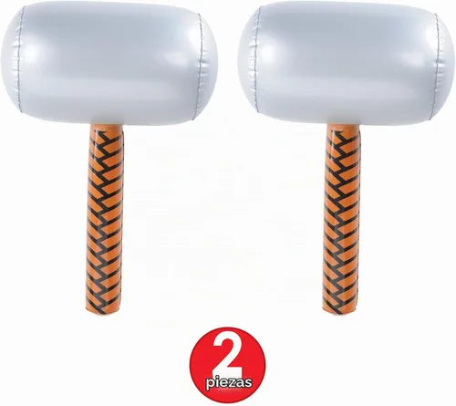 Vista 4 de Beistle Martillos inflables, paquete de 2, accesorios inflables novedosos con cabeza plateada y mango marrón, premios de carnaval de héroe