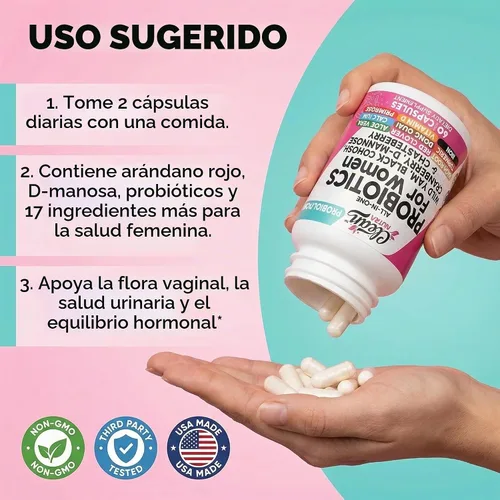 Vista 6 de Clean Nutraceuticals Probióticos para mujeres con D manosa, extracto de arándano, ñame silvestre, chasteberry – 20 cepas probióticas y prebióticas