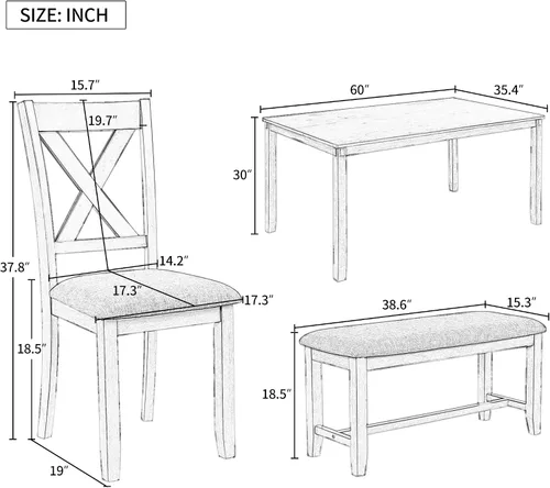 Vista 7 de Quarte Juego de mesa de comedor de 6 piezas, mesa de comedor rectangular de madera maciza, 4 sillas tapizadas y banco, muebles familiares rústicos