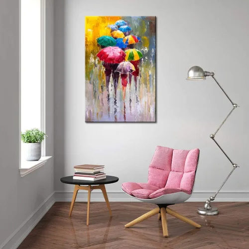 Vista 4 de KLVOS Lienzo grande para pared, 24 x 36 pulgadas, paraguas colorido, trabajador de oficina, caminando bajo la lluvia, lienzo pintura al óleo, obras